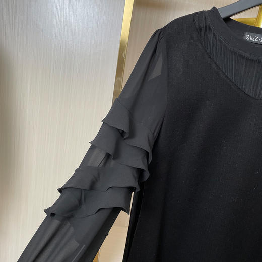 奢姿大码女装2025冬季胖妹妹时尚黑纱层叠袖设计气质圆领连衣裙9954870682 商品图2