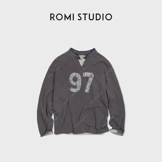 ROMI STUDIO“随性两穿”竹节棉织染撞色小v领套头卫衣 RWCASY6442 商品图0