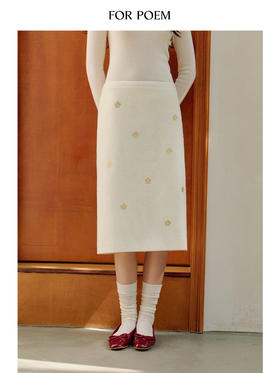 ForPoem【烫金系列】小花烫金肌理感小香风羊毛直筒半身裙