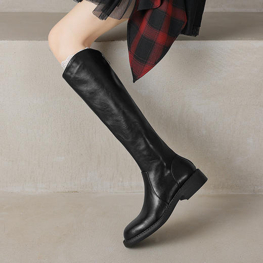 【预售7天】不过膝高筒靴女V口显瘦厚底长筒靴真皮圆头粗跟骑士靴KK9564 商品图1
