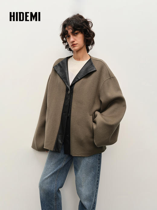 HIDEMI 进口美利奴双面羊毛V领拼皮廓形设计感伞状袖摩卡灰大衣 商品图0