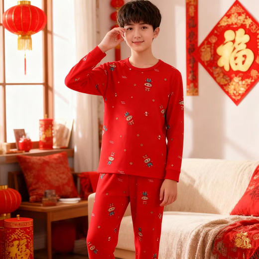 2026年马年新年儿童纯棉A类大红色秋衣秋裤新年福气无骨莱卡套装童秋睡衣男女童宝宝内衣家居服套装90-160 商品图9