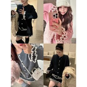 25AW上新 甜甜同款【寻梦山茶】休闲风木耳边撞色针织上衣百搭高腰短裙两件套