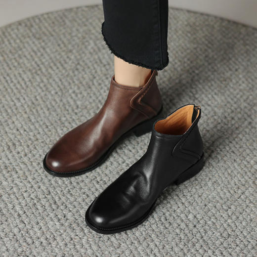 【预售5天】真皮法式复古擦色短靴女秋冬舒适软底中跟及踝靴圆头粗跟切尔西靴&D3109 商品图3