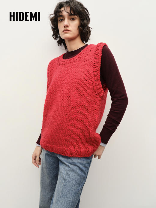 HIDEMI 极简圆领手工棒针粗针绵羊毛混纺加厚款宽松毛织马甲背心 商品图1
