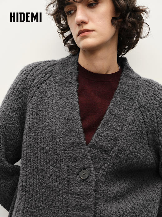 HIDEMI 进口绵羊毛加厚款缩绒v领纽扣式书生开衫毛衣外套 商品图3