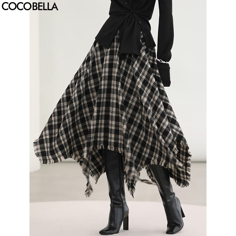 COCOBELLA时尚黑白格纹羊毛半身裙秋冬不规则毛边长裙HS3155