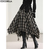 COCOBELLA时尚黑白格纹羊毛半身裙秋冬不规则毛边长裙HS3155 商品缩略图0