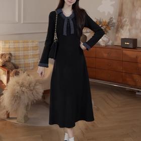 鹿向南「偶遇西雅图」法式复古浪漫女秋冬气质显瘦撞色拼接连衣裙