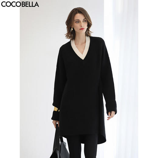COCOBELLA设计感黑白拼接V领毛衣裙女中长款气质连衣裙MZ3242 商品图0