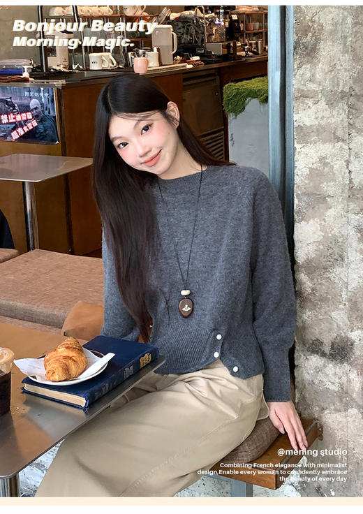 圆领纯色下摆纽收腰针织衫N1391★ 商品图2