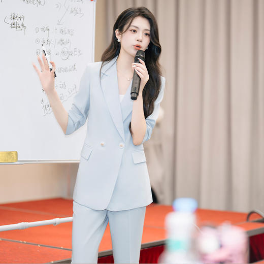 法小曼*子珍专款/春夏新款时尚蓝色七分袖修身职业西服阔腿裤套装女名媛OLC14234 商品图1