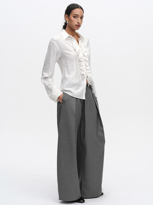 TR她热 优雅爵士 白色亚麻垂感拼接荷叶边显瘦复古法式翻领衬衫 商品图2