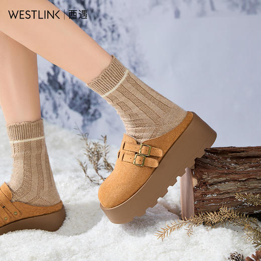 西遇厚底加绒勃肯鞋半拖女新款秋冬保暖毛毛鞋增高外穿拖鞋V2457314 商品图1