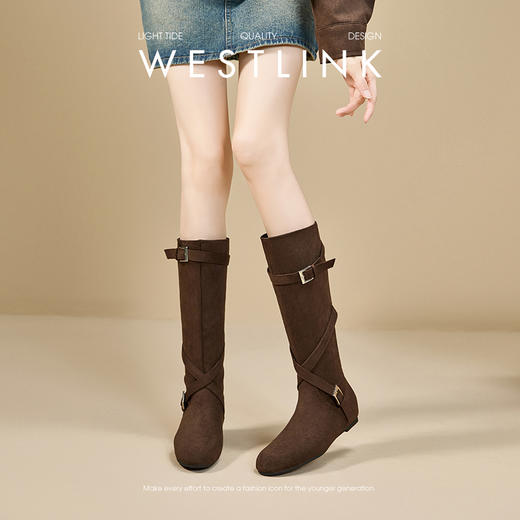 西遇内增高长筒靴女新款秋冬巨好看褶皱堆堆靴不过膝高筒长靴K2357308 商品图3