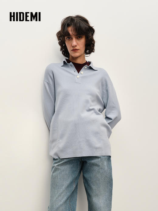 HIDEMI 美利奴羊毛系列冰雾蓝polo毛衣 商品图0