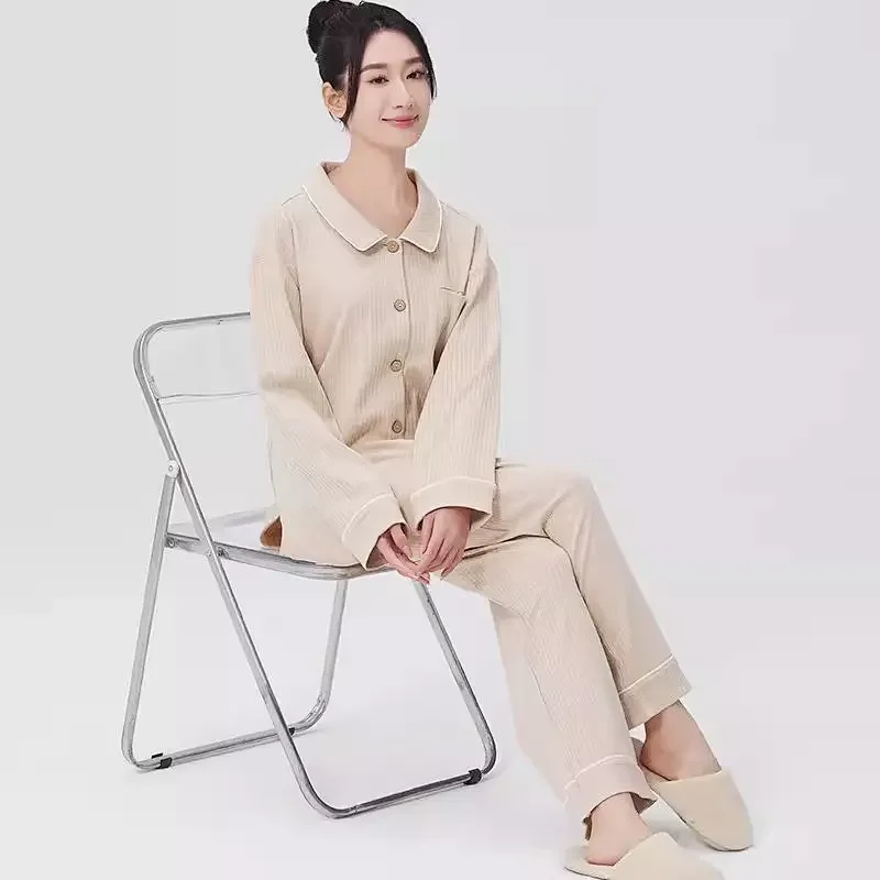 【素道有机棉 女士家居服套装】 翻领长袖纽扣开衫  舒适透气 SGWT0015  不染色 环保禅意[漳州仓]