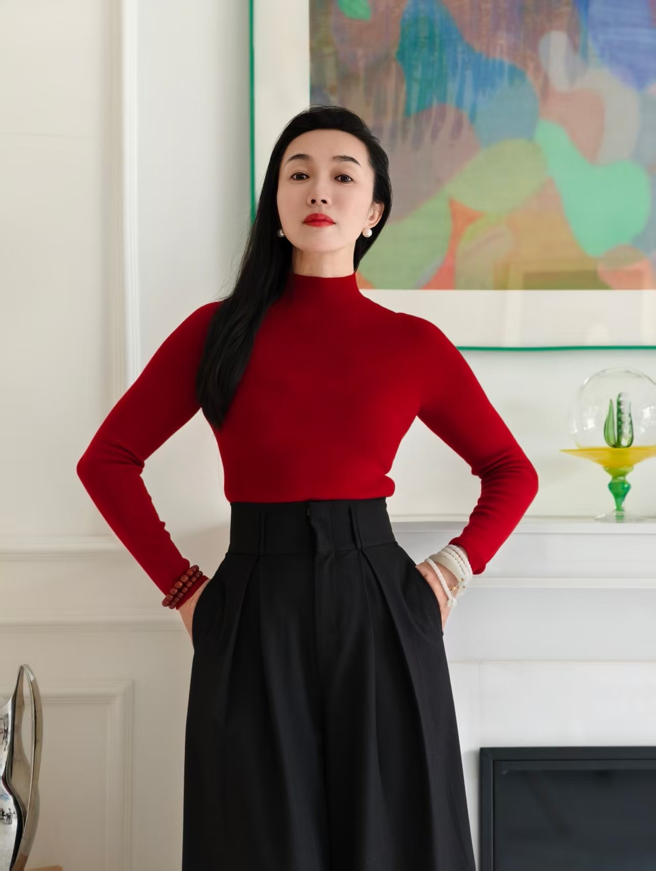 半高领羊绒衫-扶摇红