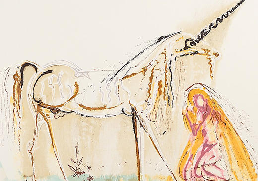 独角鹿西洋古董1983年代法国Armand & Georges Israel出版西班牙超现实主义大师萨尔瓦多·达利签名创作限量彩色石版画《独角兽》 商品图4