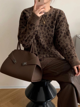 复古慵懒风圆领豹纹毛衣N1378★