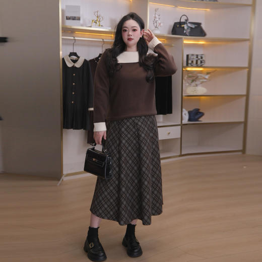 奢姿大码女装2025冬季减龄不规则设计两件套胖妹妹格纹时尚套装9954935237AB 商品图1
