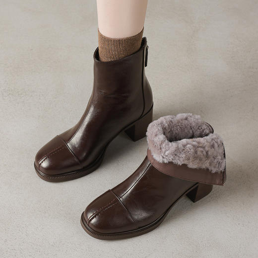 BSH5102309纯羊毛保暖加厚牛皮雪地切尔西靴2025冬粗高跟方头真皮真毛短靴女 商品图0