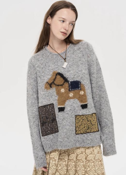 local tag/lt25awk46/达拉小马 提花补丁贴布绣松软套头针织混纱毛衣 商品图0