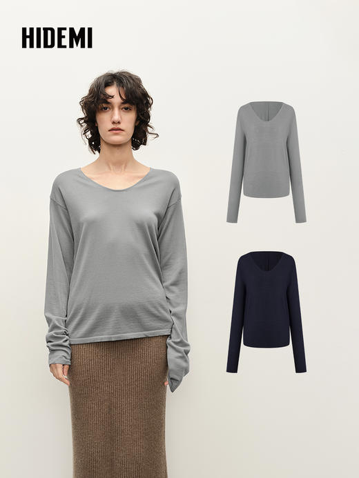 HIDEMI 澳洲美利奴羊毛极简款舒适感V领针织打底上衣毛衣 商品图0