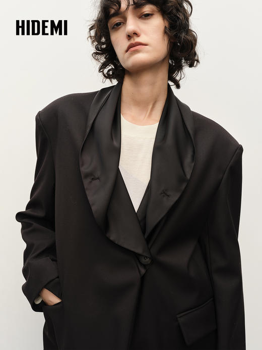 HIDEMI丝巾拼接极简廓形西装  黑色 商品图4