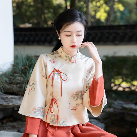 民国风印花仕女装胖妹妹唐装，新中式气质开衫系带上衣两件套装显瘦TY-YYA567 商品图1