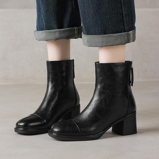 BSH5102309纯羊毛保暖加厚牛皮雪地切尔西靴2025冬粗高跟方头真皮真毛短靴女 商品图2