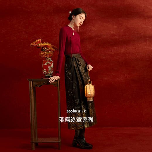 三彩【红韵风华】2025冬季新款新中式针织衫立领镂空毛衫修身C 商品图1