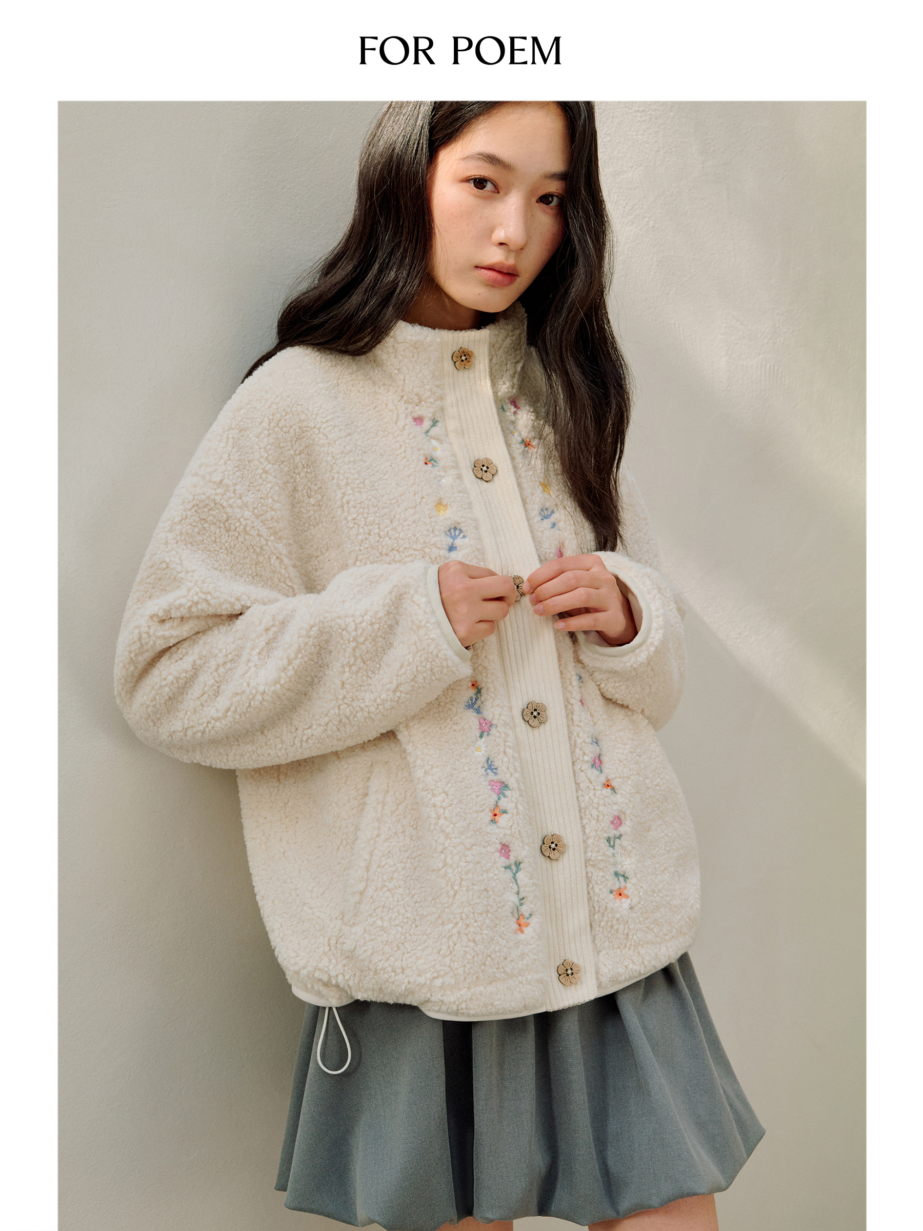 ForPoem 25/FW 原创设计羊羔绒花朵刺绣百搭保暖圈圈羊羔毛外套