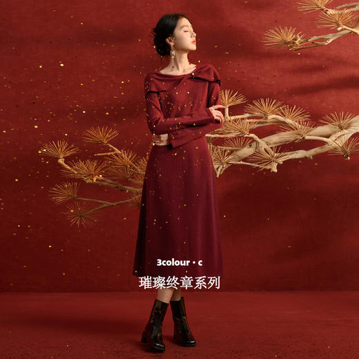 三彩【金风玉露】2025冬季新款新中式针织连衣裙蝴蝶结长裙C 商品图1