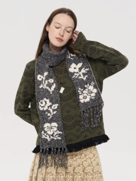 local tag/lt25awk60/锡器花园 黑白间色杂点混纱提花含羊毛流苏围巾