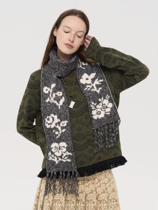 local tag/lt25awk60/锡器花园 黑白间色杂点混纱提花含羊毛流苏围巾 商品图0