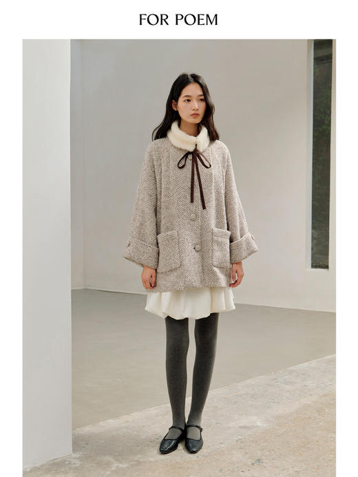 ForPoem 25/FW 原创设计羊毛人字纹可拆卸羊驼毛领系带斗篷大衣外套 商品图3