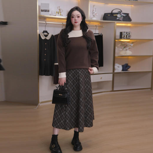 奢姿大码女装2025冬季减龄不规则设计两件套胖妹妹格纹时尚套装9954935237AB 商品图2