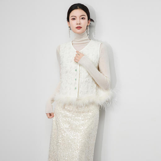 轻奢鸵鸟毛新中式国风马甲外套，气质名媛流苏粗花呢WLZD2513605 商品图0