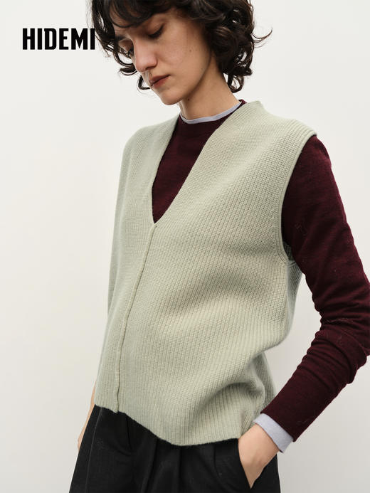 HIDEMI 进口美利奴羊毛系列V领廓形针织马甲毛衣 商品图2