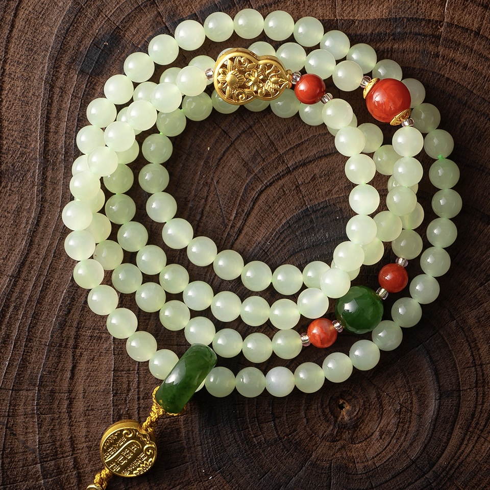 岸纾 五路财神·天然晴水和田玉108颗手串
