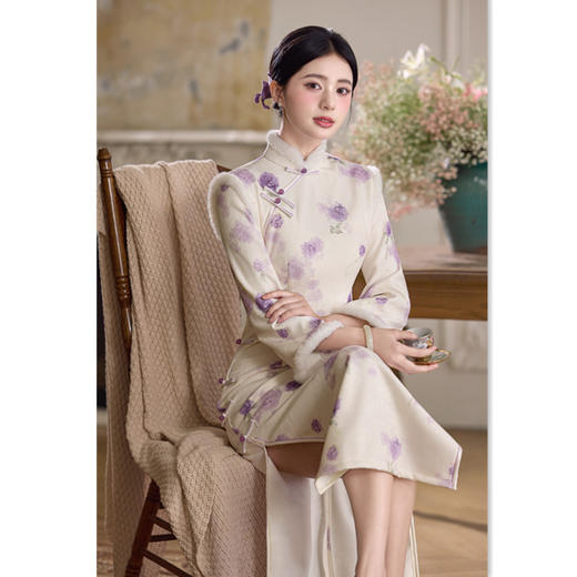 SKY 661021时尚提花加绒长款旗袍日常可穿 商品图3