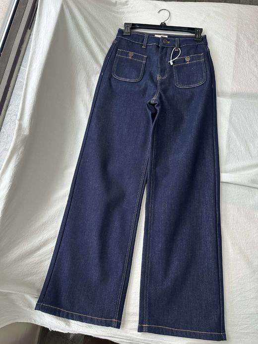 贝壳三 蓝色复古双口袋直筒牛仔裤女薄绒显瘦弹力长裤C120320 商品图2
