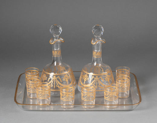独角鹿西洋古董19世纪末20世纪初法国著名水晶工坊圣路易出品24K描金修饰Congress花纹款精雕水晶酒具套件 商品图0