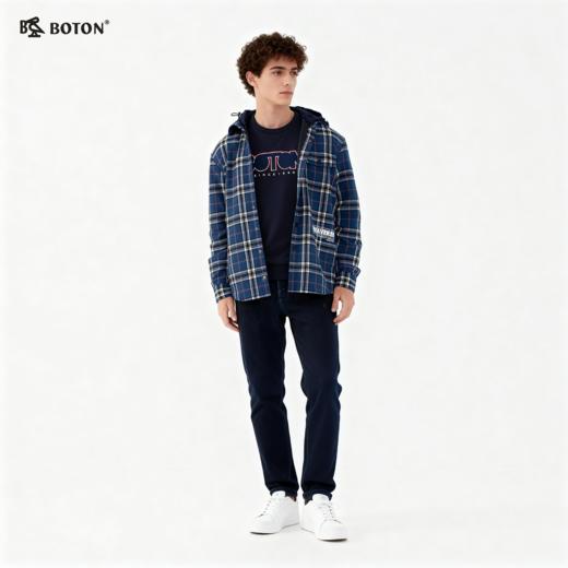 波顿男士春秋季高端甩帽可拆卸针织帽柔软舒适磨毛格仔衬衫型外套MSJ686322 商品图1