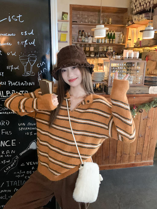 <曾小咸推荐> 现货秒杀！微信超特价！橘色条纹v领毛针织衫 日常179.99 立减100 秒杀79.99！ 商品图7