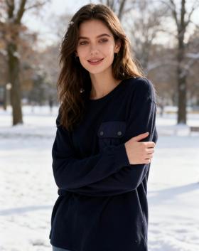 外贸出口 日系复古拼接口袋长袖 T 恤