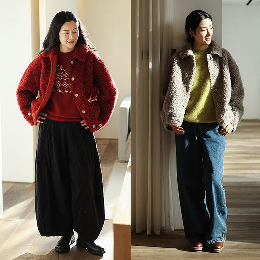 绽放875朵/纯羊毛宽松翻领羊羔毛外套一手长松弛感毛呢外套中长款 商品图2