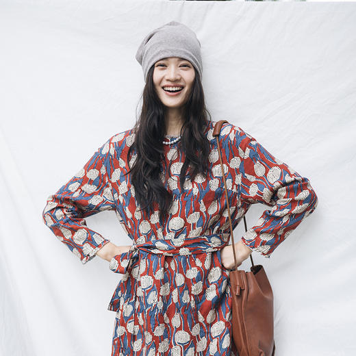 绽放808朵/加厚亚麻印花系带长袖连衣裙宽松裙子秋冬内搭长裙新款 商品图3