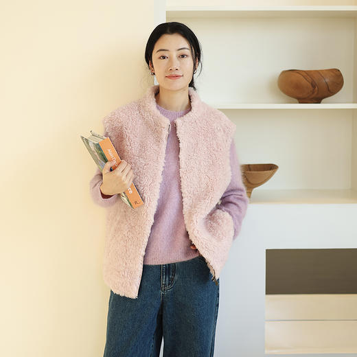绽放877朵/羊羔毛绒感圆领开襟拉链叠搭马甲外穿女宽松纯羊毛保暖 商品图1